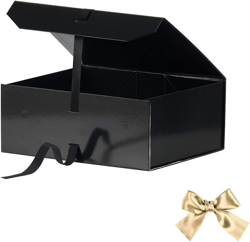 Black Large Gift Box 13x11x5.3 Inches, Gift Box with Ribbon, Gift Wrap Box with Lid Magnetic Closure, Christmas Gift Box, Rectangle Collapsible Gift Boxes for Men Shoes (Glossy Black)