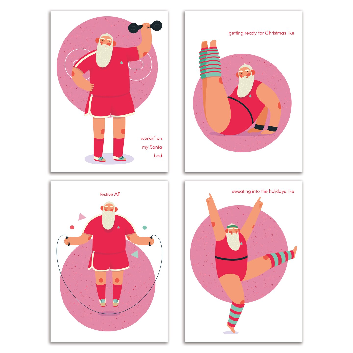 Fitness Santa Christmas Cards - 24-Pack Holiday Greeting Cards with 4 Funny Workout Santa Designs, Perfect for Sharing Merry Christmas & Holiday Wishes with a Playful Twist, Blank Inside for Personalized Messages - Fun and Festive Stationery Set