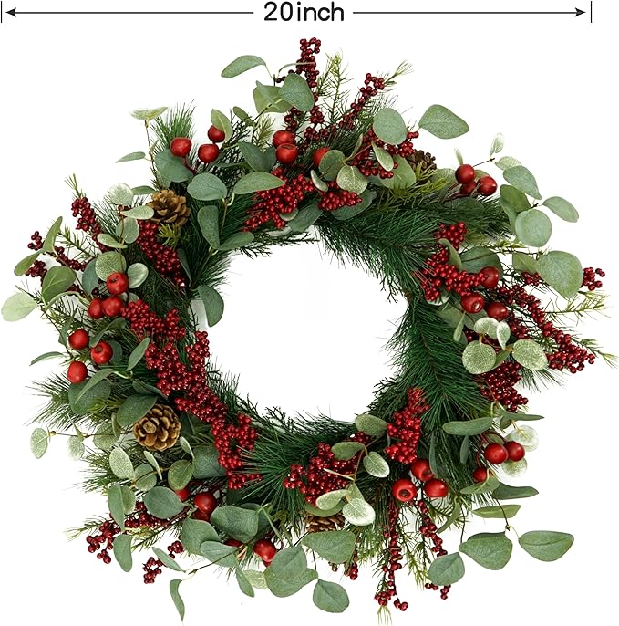 Christmas Wreath,Christmas Wreaths for Front Door,Christmas Leaf Wreath with Pine Needles Pine Cones and red Berries for Home Decoration Christmas Winter Wreath Decorations.