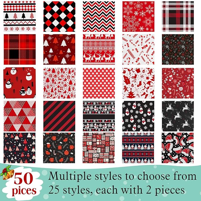 50 Pcs 10 x 10 Inches Christmas Precut Fabric Squares Black Red Cotton Craft Fabric Fat Quarters Snowman Santa Snowflake Fabric Scraps Bundles for Xmas DIY Craft Patchwork Sewing Quilting