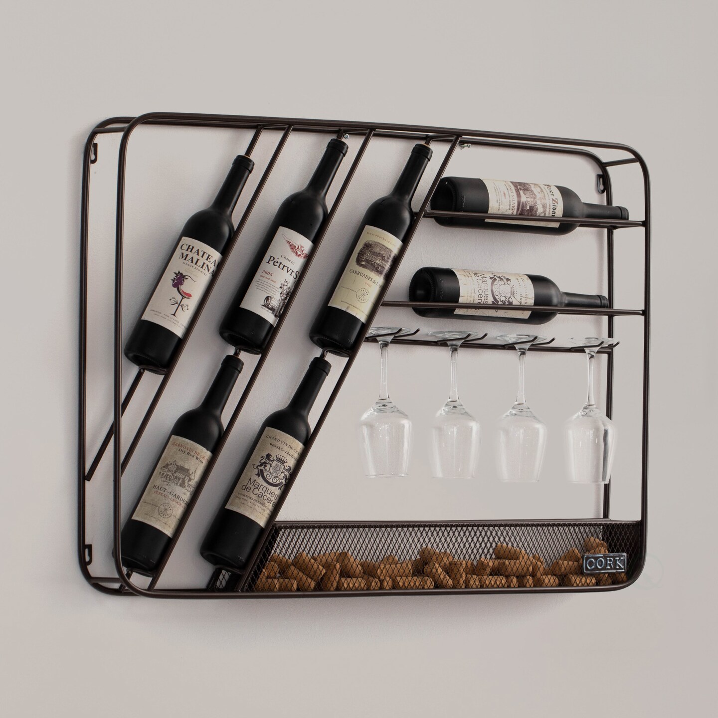 Vintiquewise Vintage-Inspired Decorative Metal Wall-Mounted Wine Rack with Cork and Wine Glass Holder, Featuring a Floorstanding Display Option for Versatile and Stylish Wine Storage, Brown