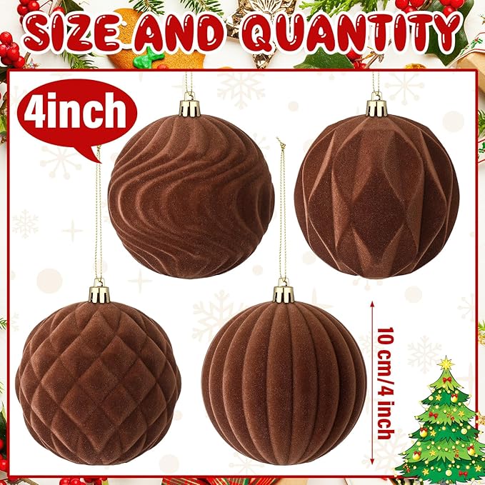 Ornaments Vintage Christmas Plastic Ball Ornaments Flocked Christmas Tree Hanging Ornament for Xmas Party Wedding Home Decor(Brown)