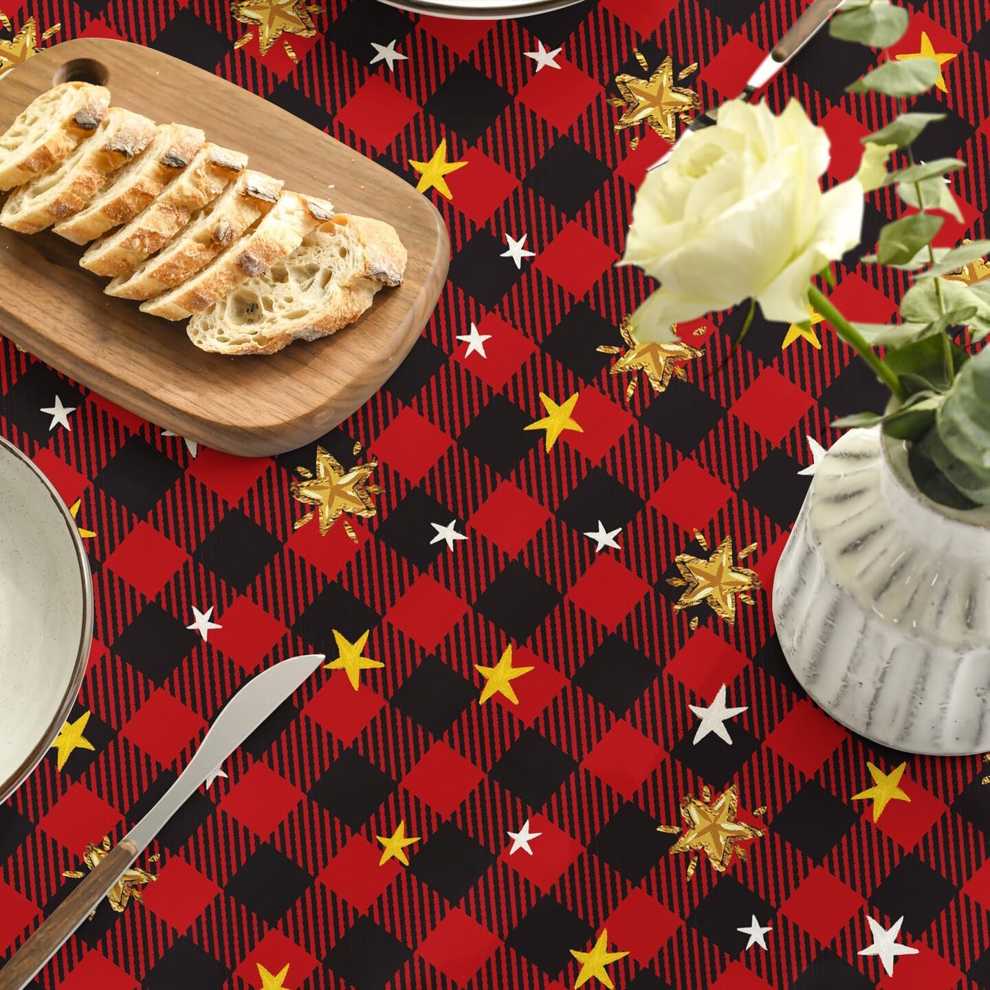 Christmas Tablecloth 70&#xD7;70 Inch Round, Holy Nativity Red Buffalo Plaid Washable Table Cover for Party Picnic Dinner Decor