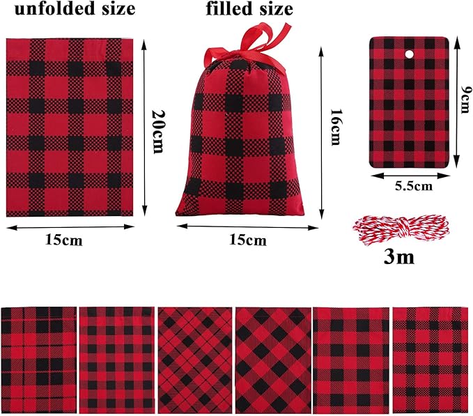 Aneco 12 Pieces Mini Christmas Cotton Buffalo Plaid Red and Black Plaid Drawstring Bag 7.8 by 5.9 Inches Stocking Storage Sack Xmas Bag Candy Sack Party Favors Bags with 20 Christmas Tags