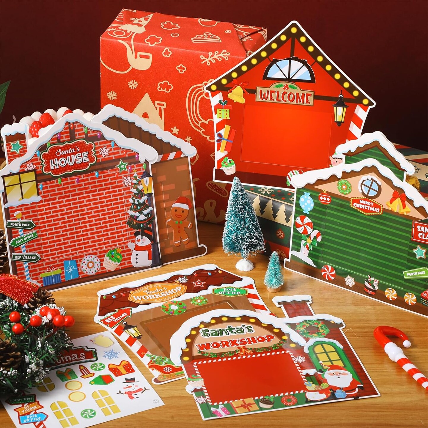 24 Pack Christmas Picture Frame Craft Ornament Kits DIY Christmas Picture Frames Xmas Holiday Santa&#x27;s Workshop Picture Frame Craft Ornaments for Christmas Tree Decor Group Game Activities