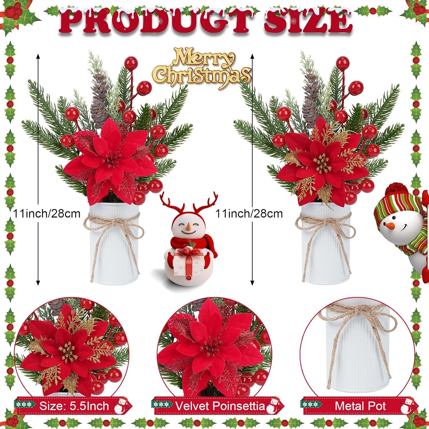 Decorations Christmas Floral Picks and Sprays Christmas Potted Plants with Poinsettia Berries Stems for Home Desktop Farmhouse Party Decor (11&#x22;)