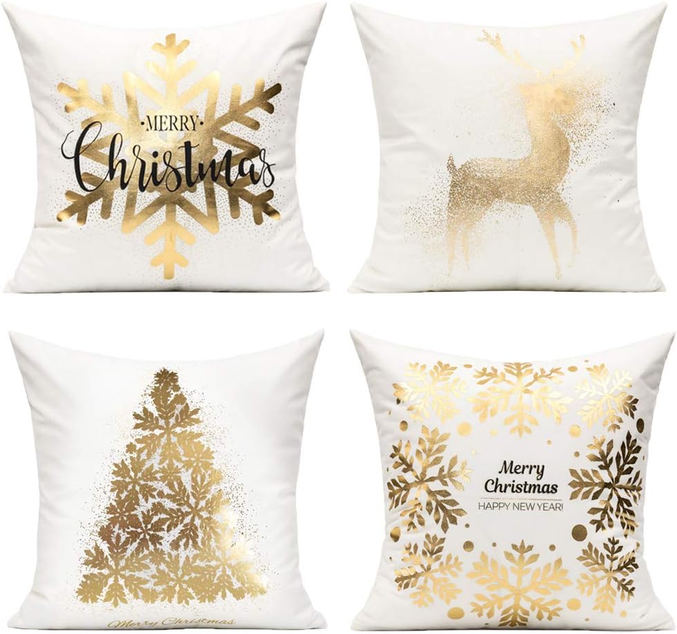 White Gold Christmas Decorations Throw Pillow Covers 18X18 Set of 4 Winter Xmas Navidad Home Holiday D&#xE9;cor Velvet Cushion Cases for Sofa Tree Snowflake Reindeer