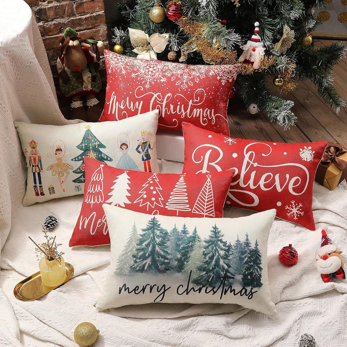 Merry Christmas Pillow Cover 12x20 Farmhouse Christmas Throw Lumbar Pillow Cover Decorations Christmas Tree Holiday Decor Case for Home Couch