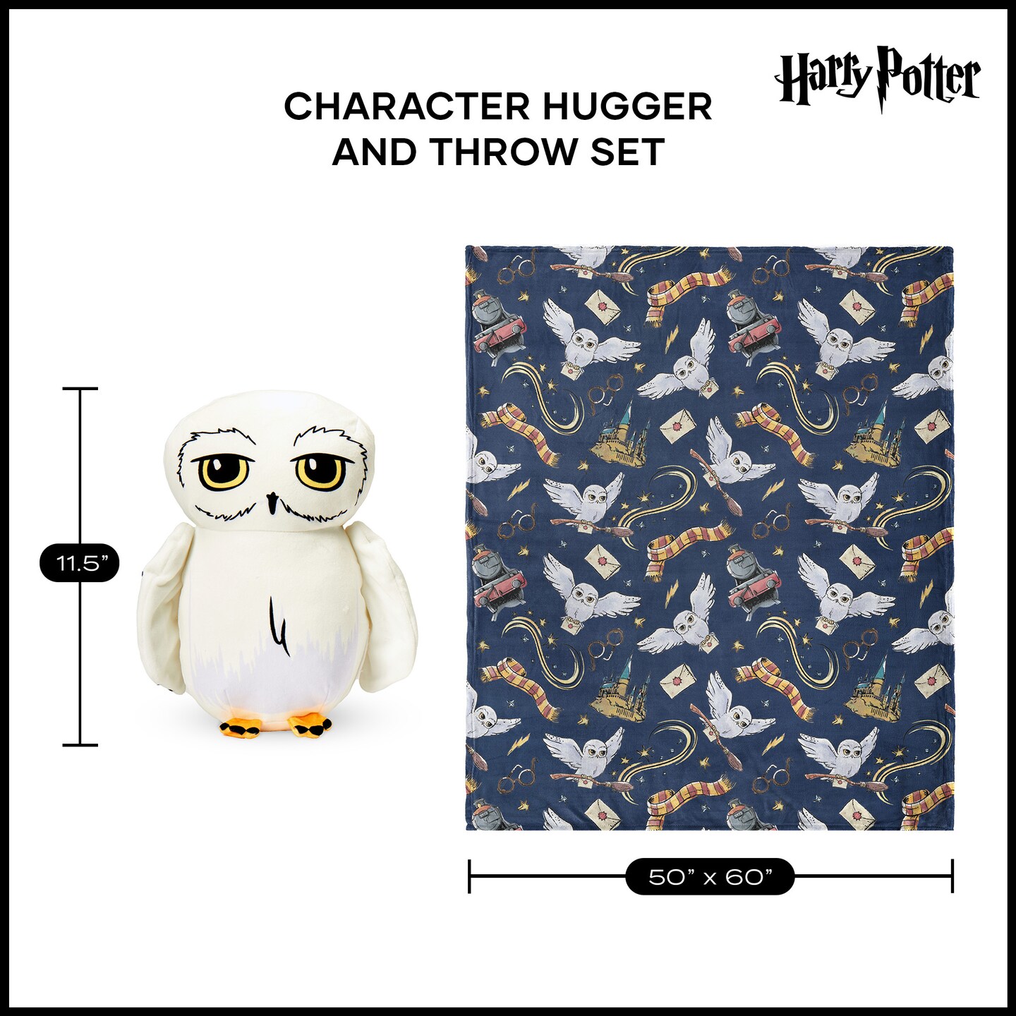 Warner Bros. Harry Potter Hedwig Silk Touch Throw Blanket 50X60 inches and Hugger Set, 11 inches