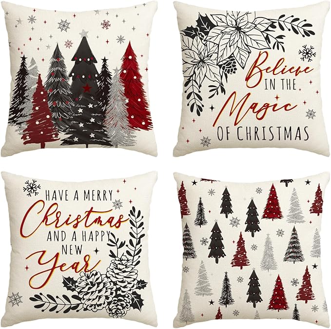 Believe in The Magic Christmas Trees Poinsettia Snowflake Eucalyptus Throw Pillow Covers, 18 x 18 Inch Xmas Winter Holiday Cushion Case Decoration for Sofa Couch Set of 4