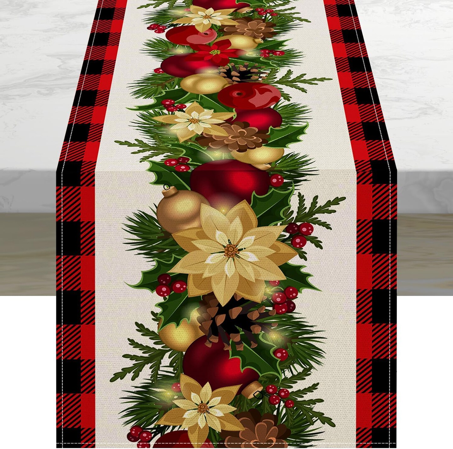 Christmas Table Runner, Linen Red and Black Buffalo Check Plaid Merry Christmas Table Runner 13 x 72 Inch Kitchen Dining Table Decoration for Indoor Outdoor Home Party Decor