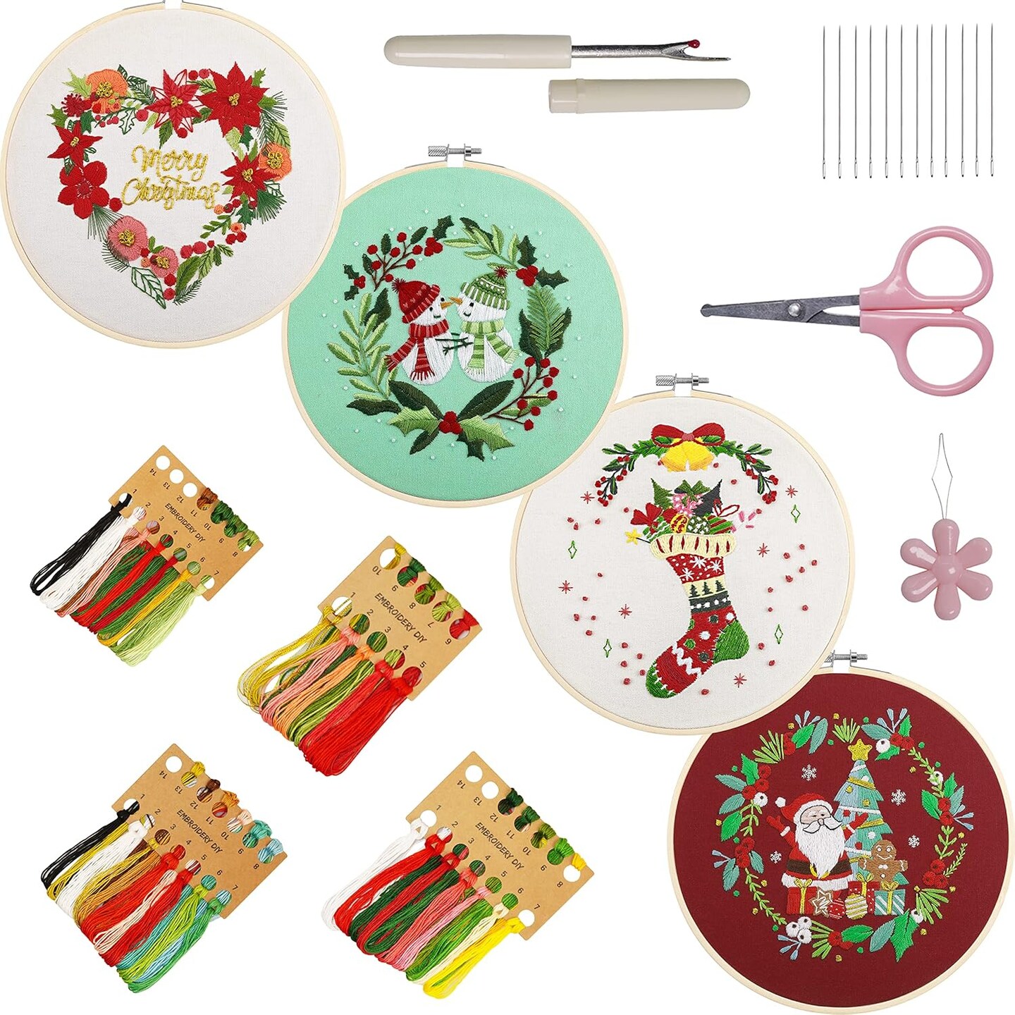 4 Sets Embroidery Kit for Beginners,Embroidery Kit for Art Craft Handy Sewing Include Embroidery Clothes with Pattern,Embroidery Hoops, Instructions,Color Threads Needle Kit (Christmas)