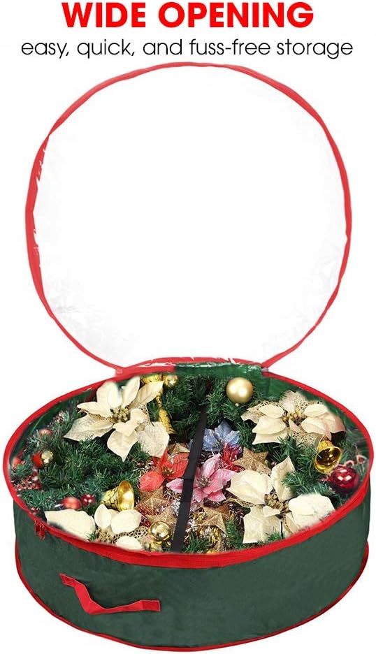 Christmas Wreath Storage Bag 24&#x22; | Garland Wreaths Container with Clear Window for Easy Holiday Storage | Durable 600D Oxford Material (Green)