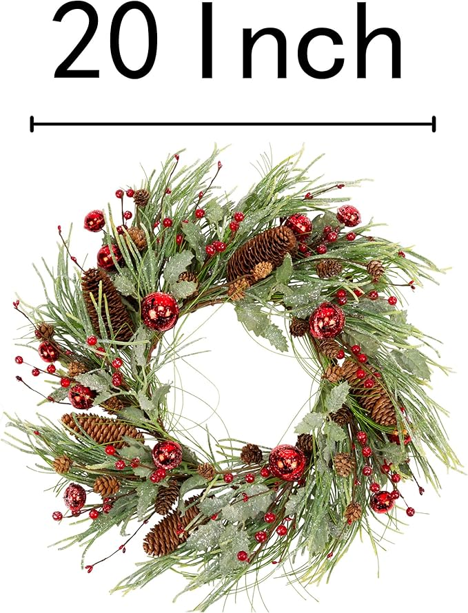 20 Inch Artificial Christmas Wreath for Front Door Winter Wreath with Red Jingle Bells and Berries Door Wreath with Pinecones and Pine Needles for Glitter Christmas Decorations