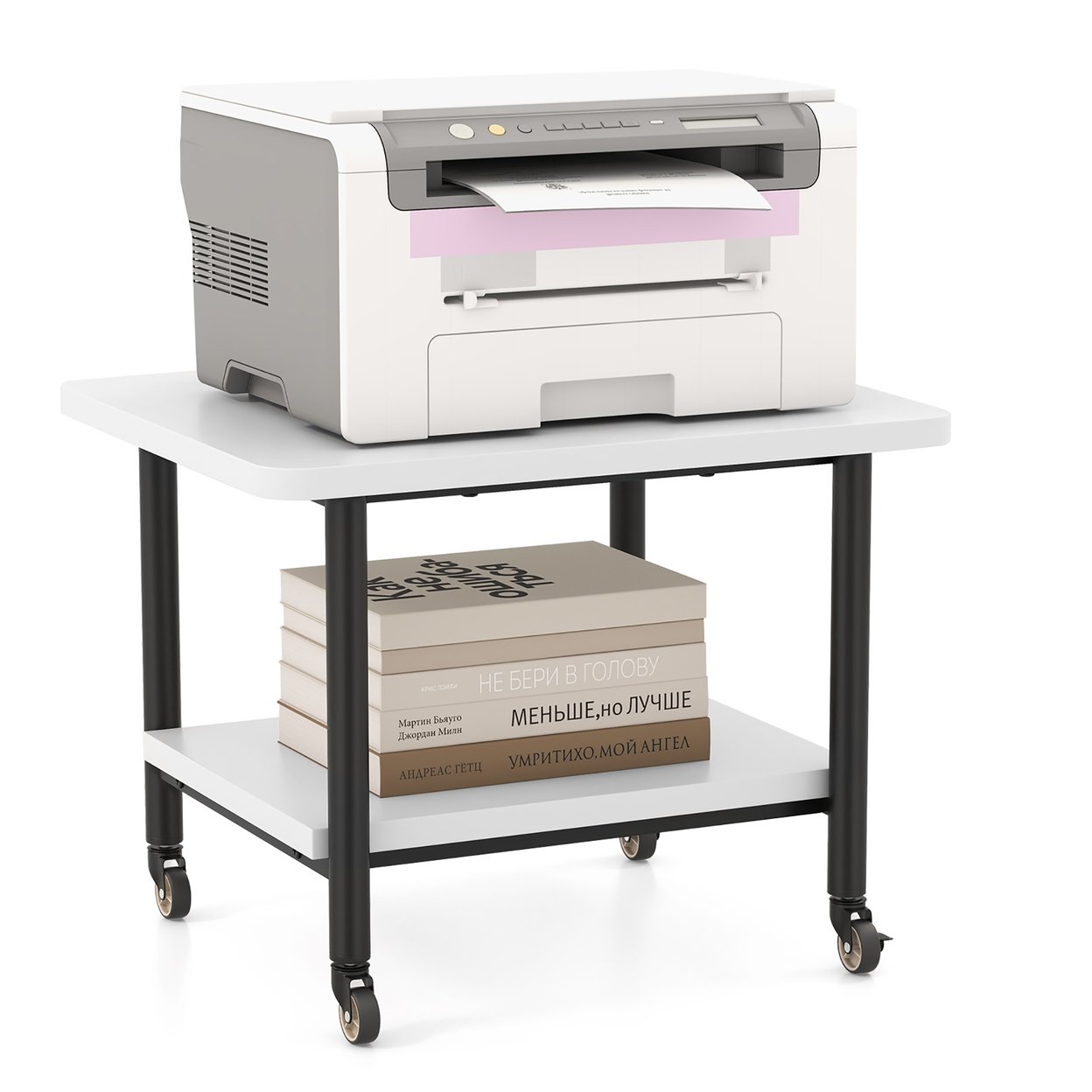 2-Tier Rolling Under Desk Printer Cart Machine Stand Storage Rack White