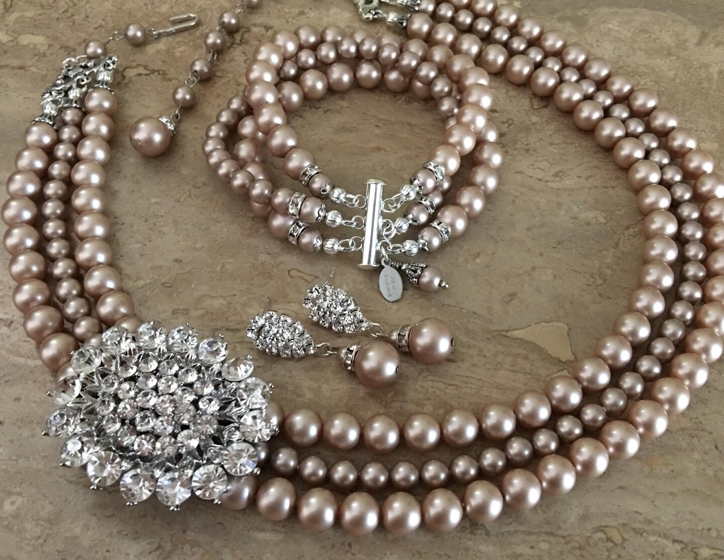 COMPLETE Champagne Jewelry Set Taupe Pearl Necklace with Brooch Bracelet Earrings Swarovski Pearls In Powder Almond Mother of the Bride - image8