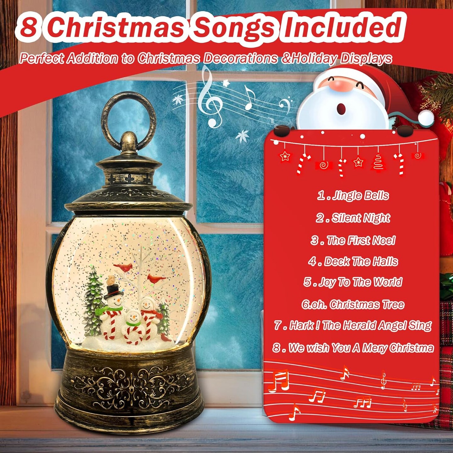 Snow Globe-Snowman Musical Christmas Lantern with 6 Hour Timer USB Lined/Battery Operated Retro Style Glitter Globe for Xmas Indoor Decoration and Santa Gifts