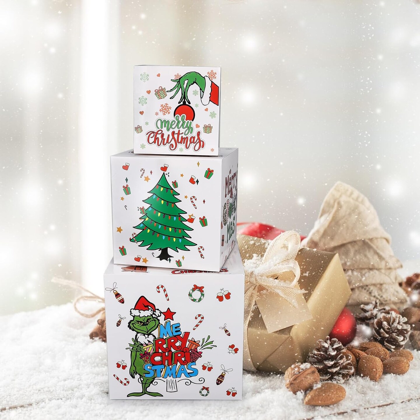 3 Pcs Christmas Nesting Gift Boxes&#xFF0C;Christmas Stackable Gift Boxes Set with Lids Christmas Decorative Boxes for New Year Holiday Birthday Party Gift Decor