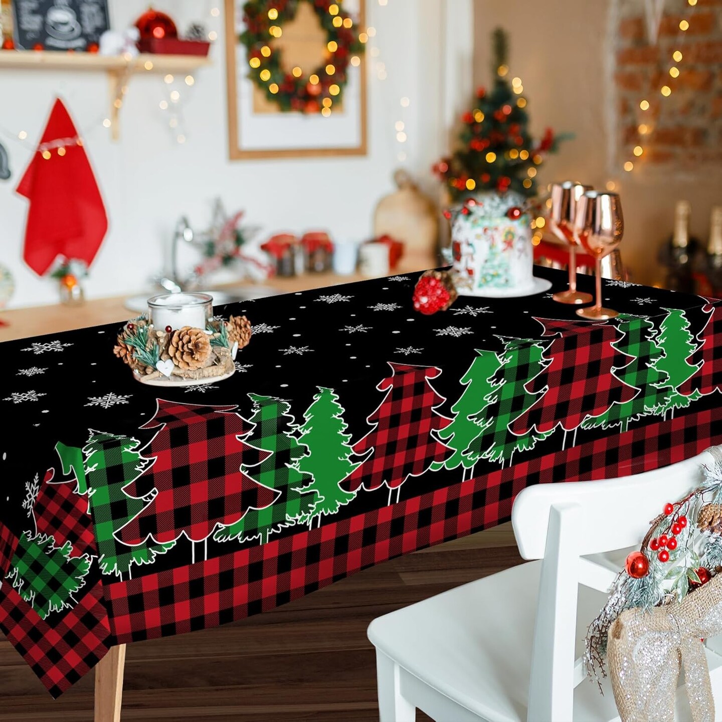 Christmas Tablecloth, Christmas Trees Table Cloth Rectangle 60x84 inch, Black Buffalo Plaid Oblong Winter Xmas and Snowflake Kitchen Christmas Table Decorations for Home, Dinner, Party