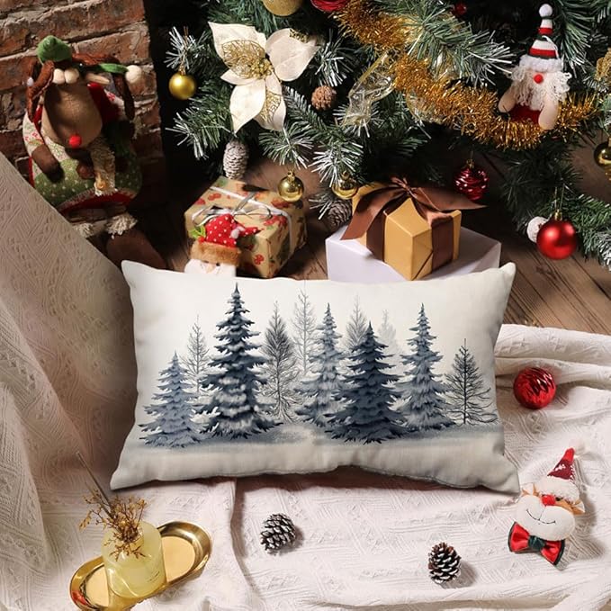 Christmas Pillow Covers 12x20 Christmas Decorations Watercolor Blue Christmas Tree Rustic Style Nature Forest Print Decorative Throw Pillows Winter Christmas Decor 003K12