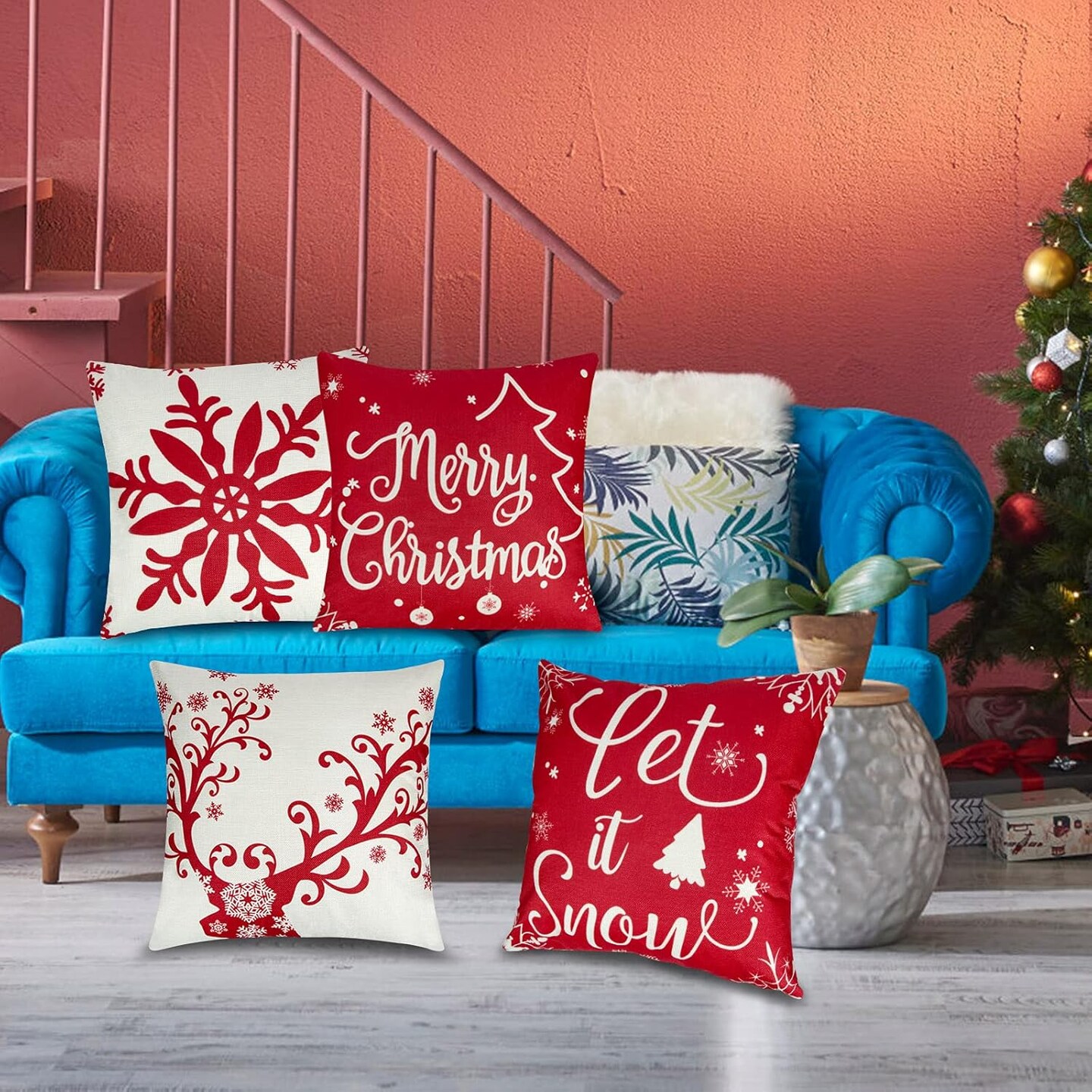 4Pcs Outdoor Christmas Pillows, Red Christmas Throw Pillows, Snowflakes Merry Christmas Let it Snow Deer Christmas Pillow Cases Holiday Pillow Covers 18x18 for Winter Home Decorations