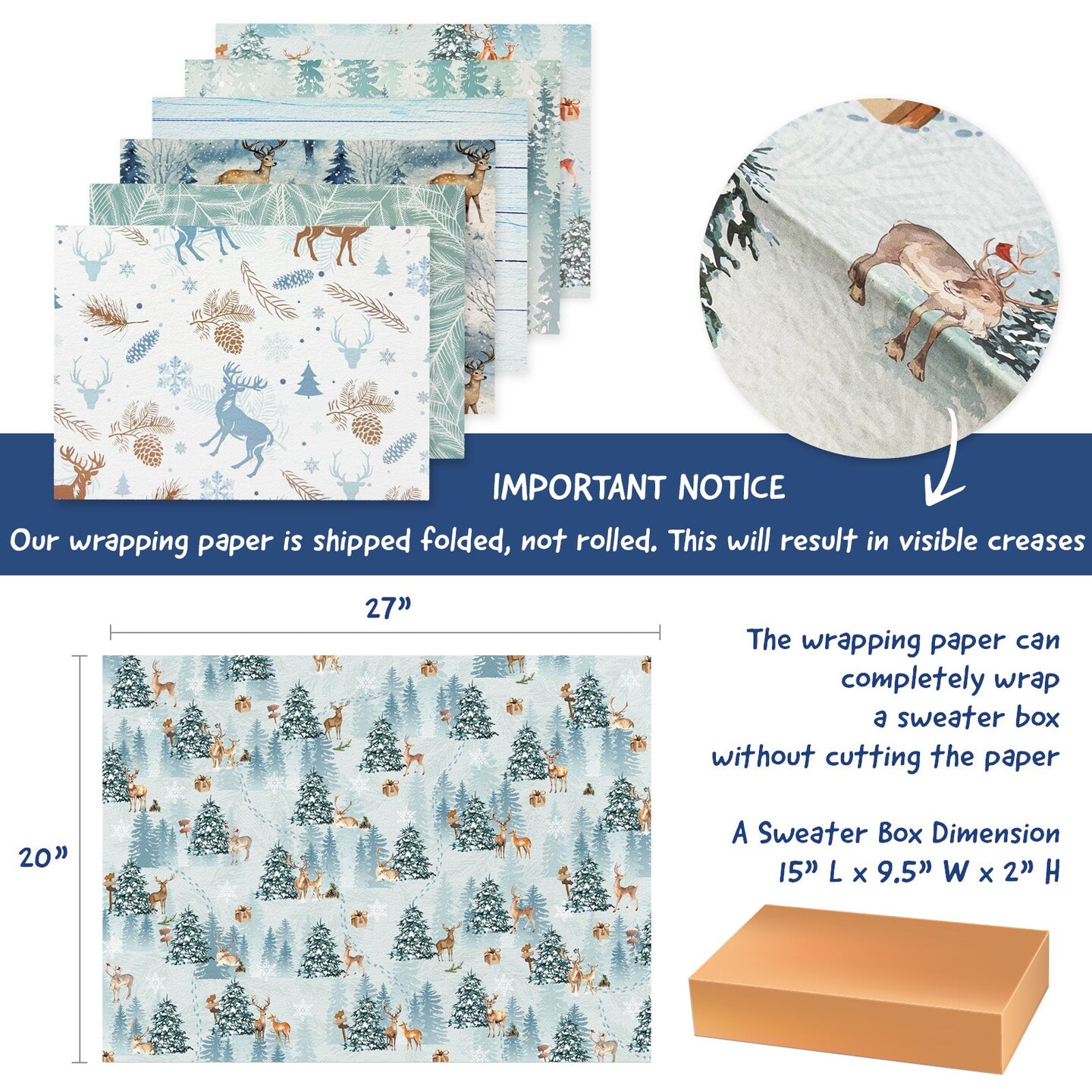 Wrapables Christmas Holiday Gift Wrap Paper Sheets Folded Flat 20L x 27W inches (12 Sheets), Slate Gray