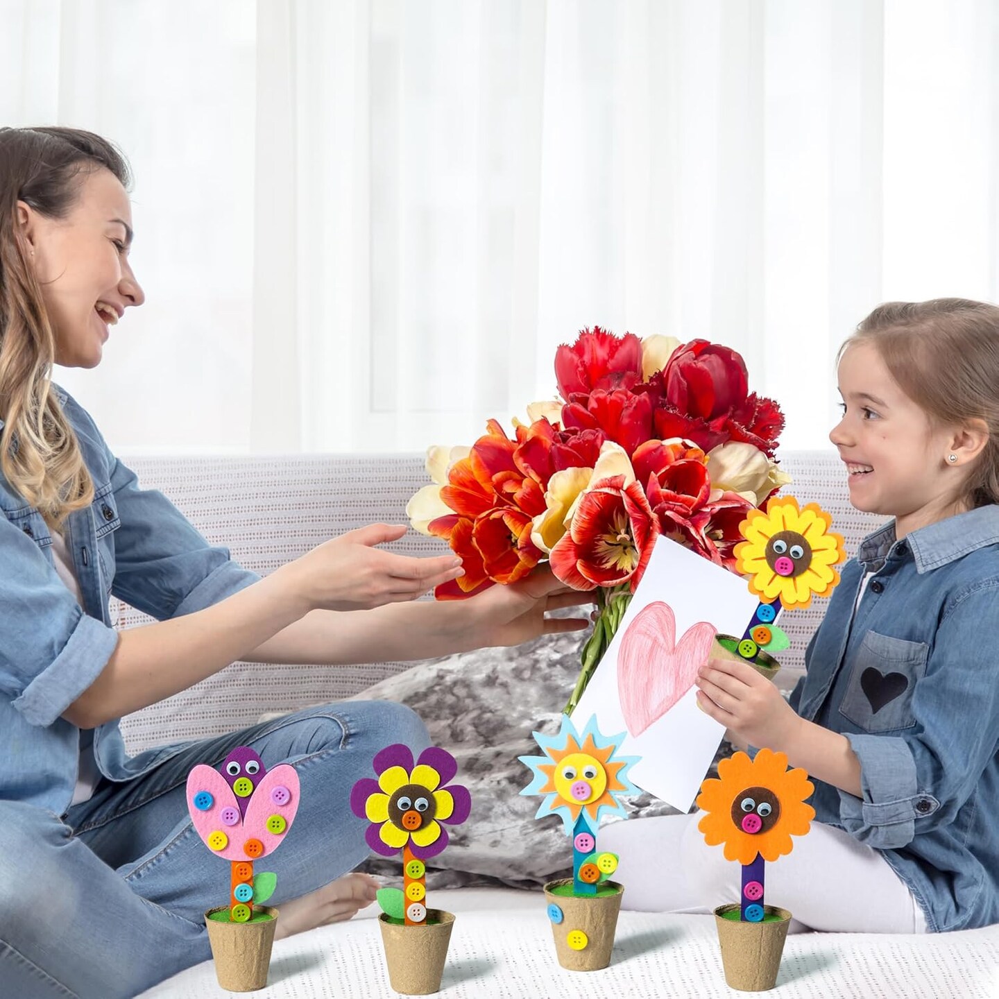 Mother's Day Spring Felt Flower Craft Kits - 16 Pack Make Your Standing Flowers Gift Crafts with Buttons Flower Pot Decor