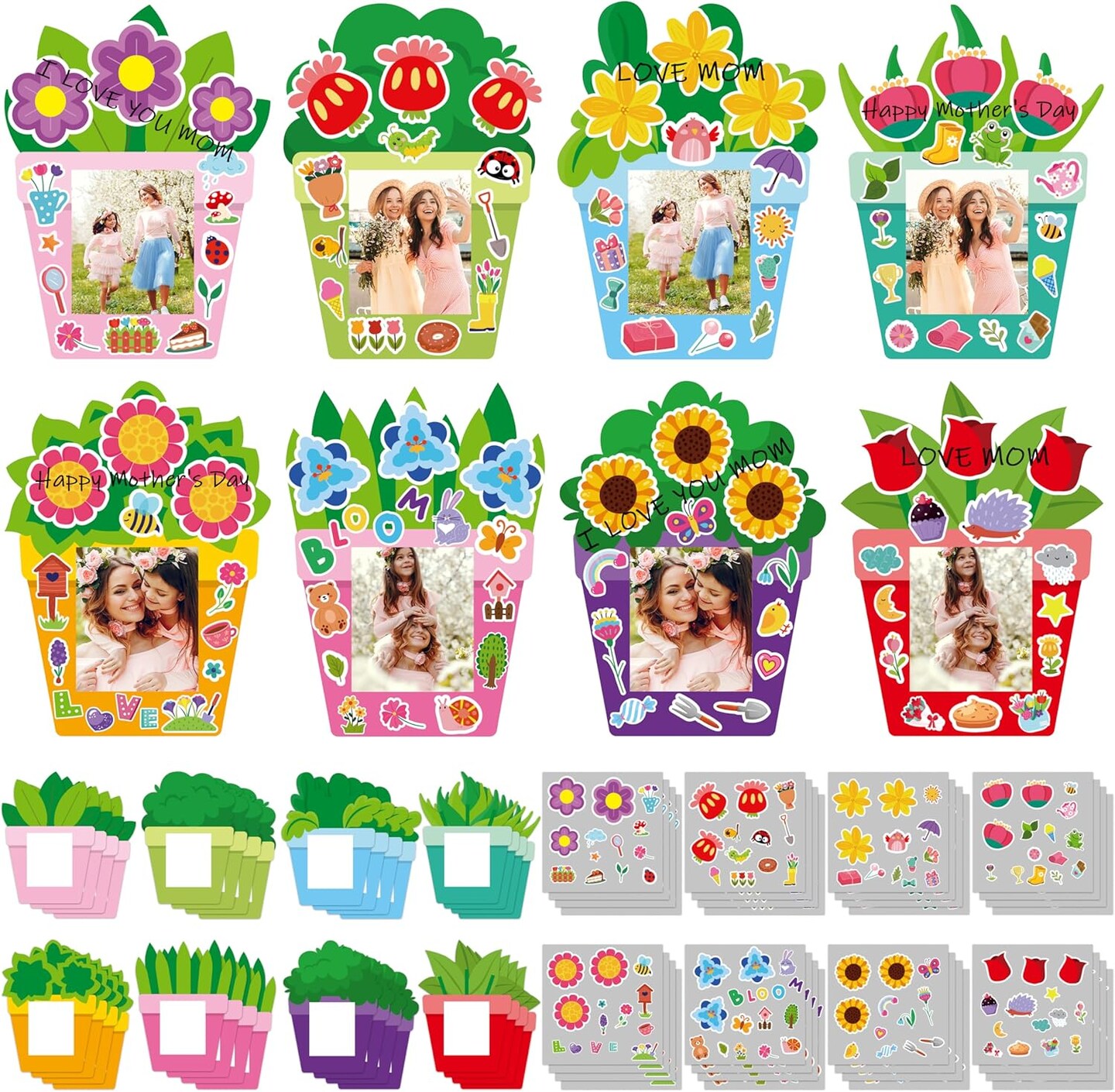 96Pcs DIY Mother&#x27;s Day Craft Kits for Kids, Make Your Own Spring Picture Frames with Stickers Flowers Paper, Spring Seasonal Gifts Craft Decor, Classroom Activities Supplies