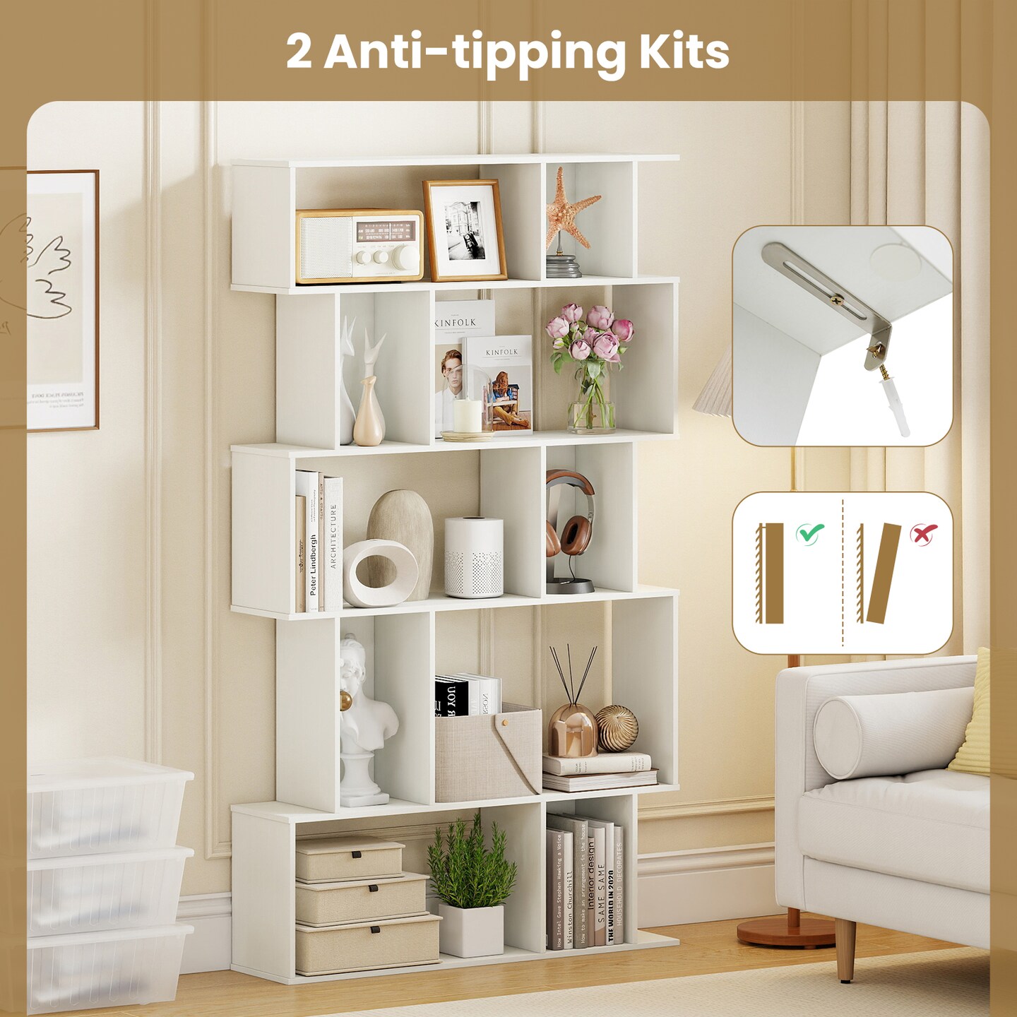 Geometric Bookshelf 5-Tier with Open Shelving and Closed-Back Cubes