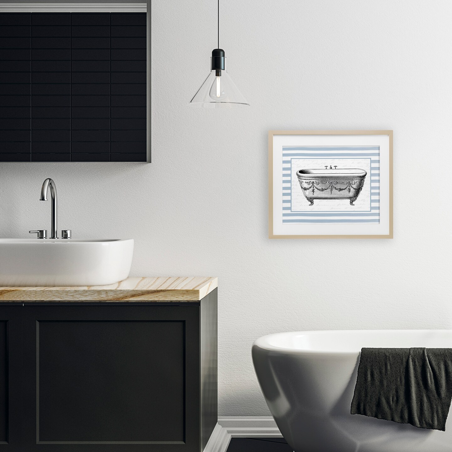 Stupell Industries Ornate Vintage Tub on Stripes Black Framed Print Under Glass, design by Lettered and Lined