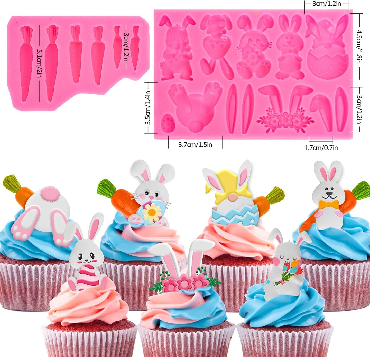 2Pcs Easter Fondant Molds Cute Bunny Pattern 3D Silicone Moulds Assorted Rabbit Carrots Flowers Resin Molds Easter Cupcake Cookie Baking Decorating Moulds for Spring Holiday Party DIY Candy