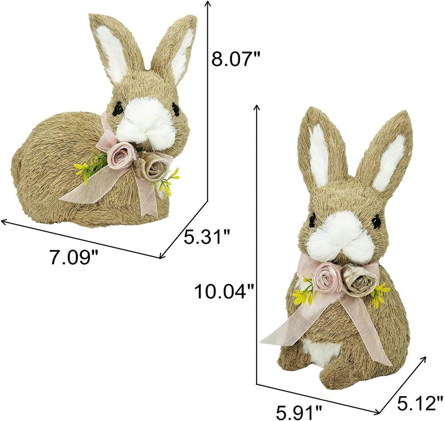 10 Inches Sisal Bunny Easter Decor,Set of 2 Easter Bunny w Spring Decor Bow as Easter Decorations