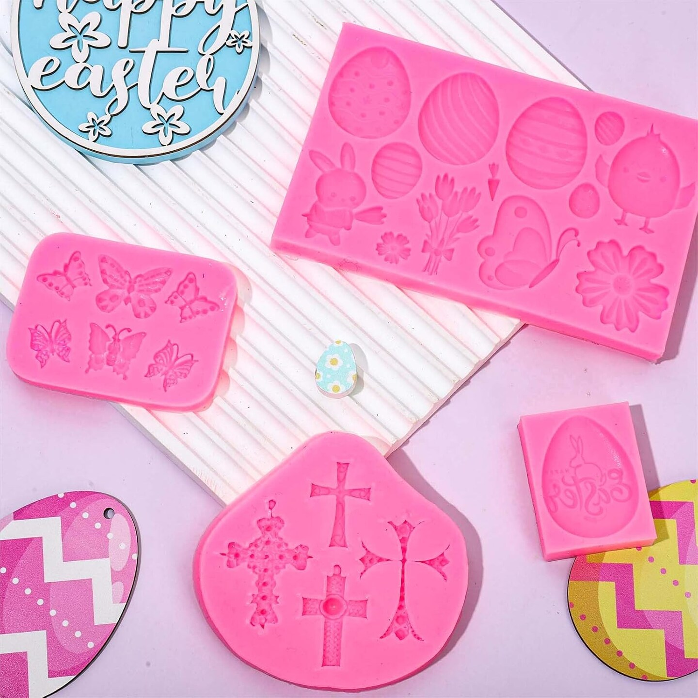 4Pcs Easter Fondant Molds Egg Bunny Rabbit Cross Butterfly Flower Floral Silicone Mold Assorted Chocolate Candy Mould for Spring Birthday Party Baking Sugar Craft Gum Resin Clay