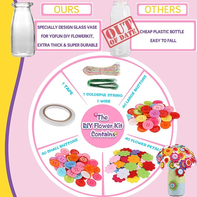 Flower Craft Kit for Kids - Make Your Own Flower Bouquet with Buttons and Felt Flowers, Vase Art Toy & Craft Project for Children, DIY Activity Gift for Boys & Girls Age 4 5 6 7 8 9 Year Old