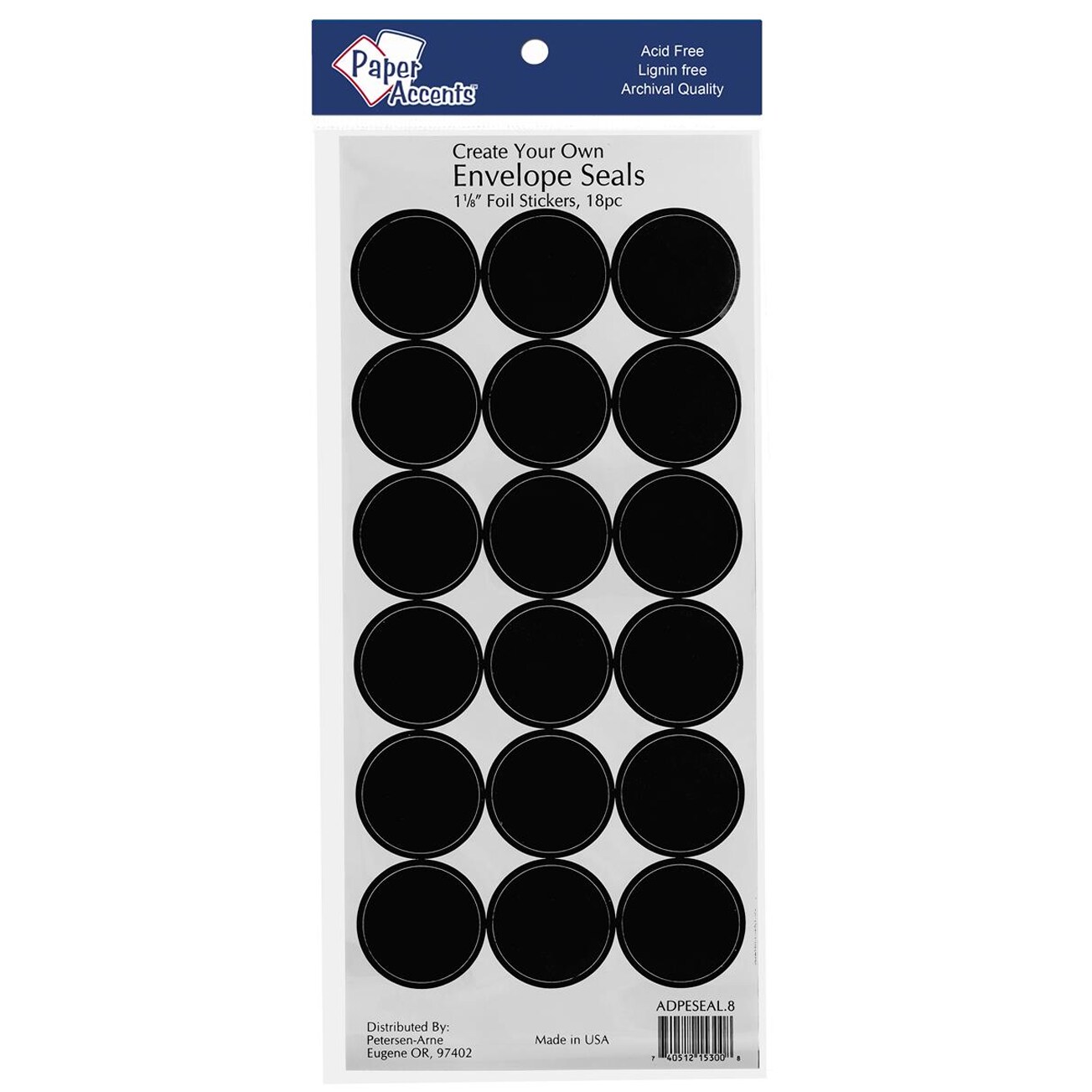 Paper Accents Envelope Seals 1 1/8 Inch Black Foil, Adhesive Envelope Stickers for Cards, Invitations, Letters, Stamping and Embossing, 18 Pack