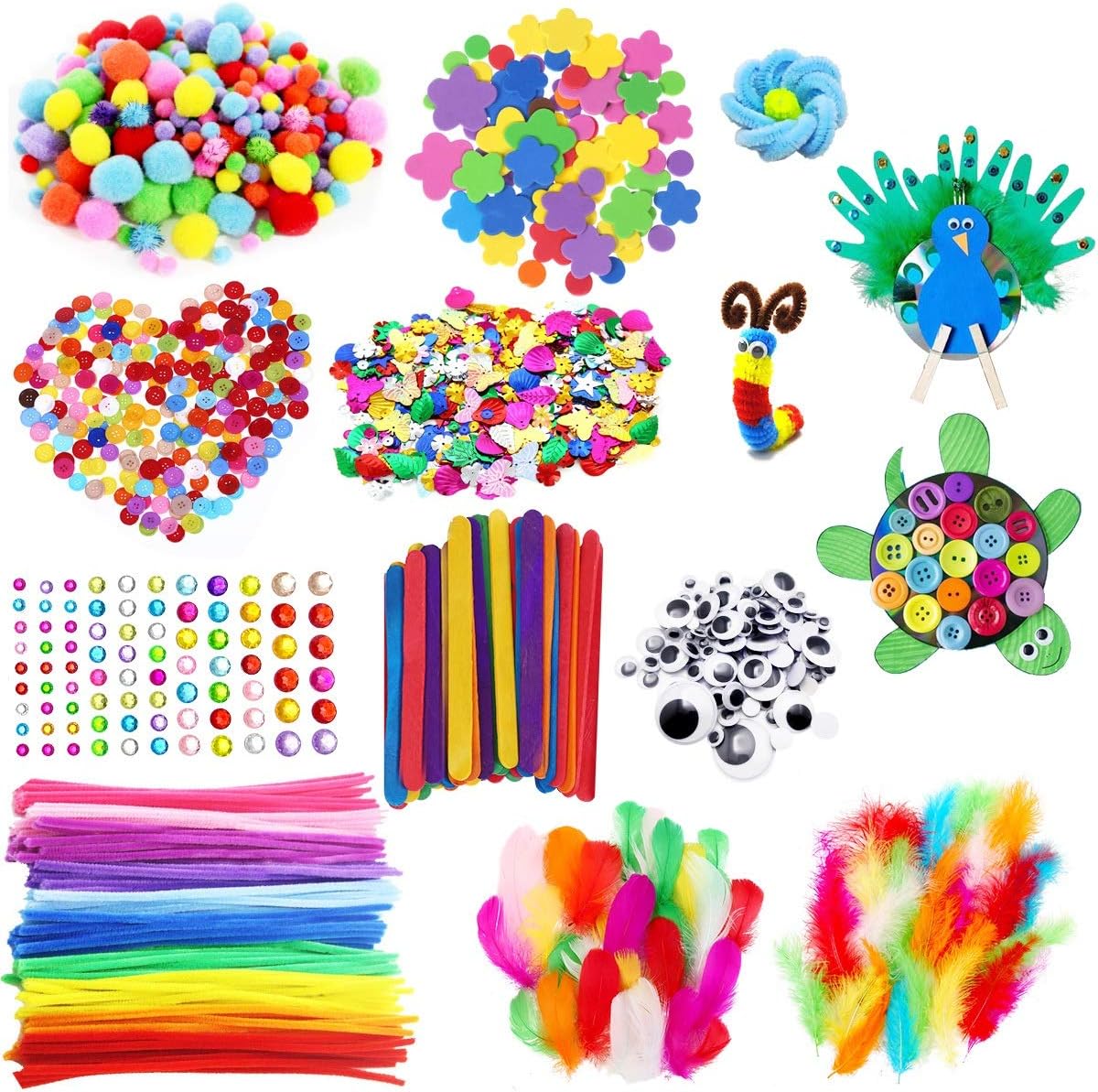 Arts and Crafts Supplies for Kids Including Feathers, Pipe Cleaners