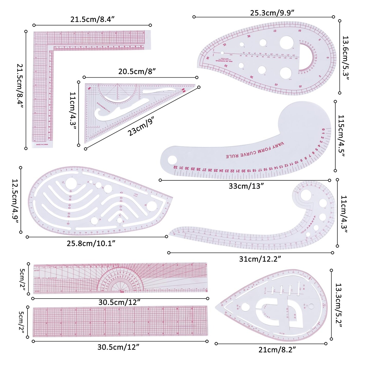 HLZC Fashion Clear Metric Sewing Ruler Set, French Curve Pattern Ruler Kit for Beginners Tailors Designers (A-9-Piece Set)
