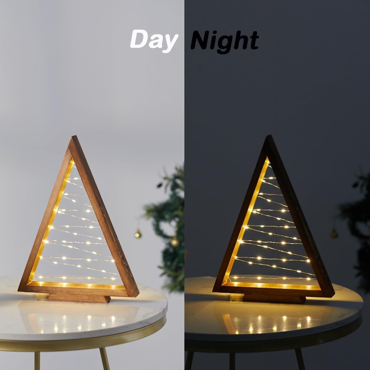 Wood Christmas Tree with Lights, Modern Farmhouse Lighted Tabletop Christmas Tree for Home Table Fireplace Mantle Shelf Decor, Christmas Holiday Decorations Set of 2 (Large 13.3&#x22; &#x26; Small 9.8&#x22;)