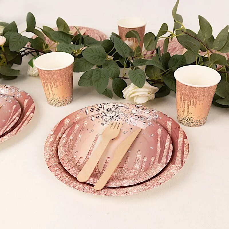 72 Rose Gold Disposable Paper Tableware Set Diamond Glitter Pattern Party Events