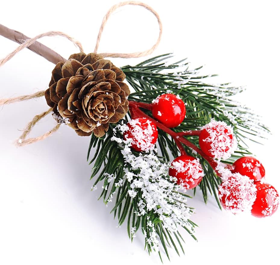 10 Pcs Christmas Berries Pine Cones for DIY Crafts-Christmas Tree Picks Spray Evergreen Artificial Pine Branches Holly Stem,Xmas Garland D&#xE9;cor,Gift Wrap Embellishment (Red)