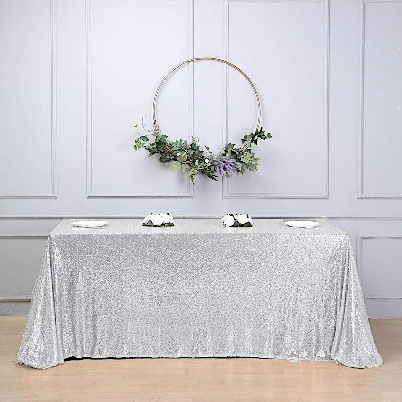 SILVER Sequined 90x156" RECTANGLE TABLECLOTH Designer Wedding Party Catering