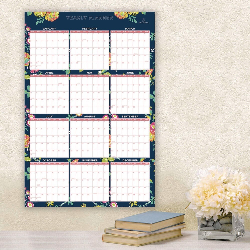 Blue Sky 36 in. x 24 in. 12-Month (Jan-Dec 2026) Day Designer Peyton Laminated Erasable Wall Calendar - White/Navy Sheets