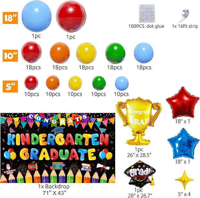Kindergarten Graduation Decorations,154PCS Kindergarten Graduation Balloon Garland Arch Kit with Large Backdrop Banner for Kindergarten Graduate 2026