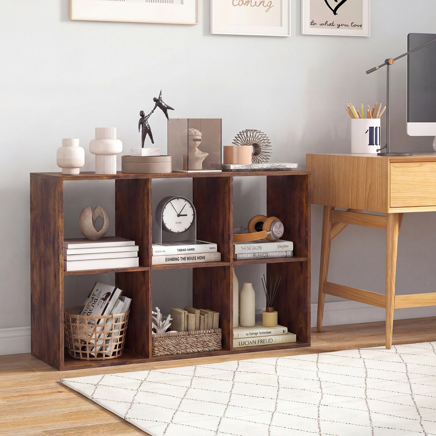 Freestanding Cube Storage Shelf Organizer Engineered Wood Bookcase with Open Compartments and Wide Tabletop for Home Office