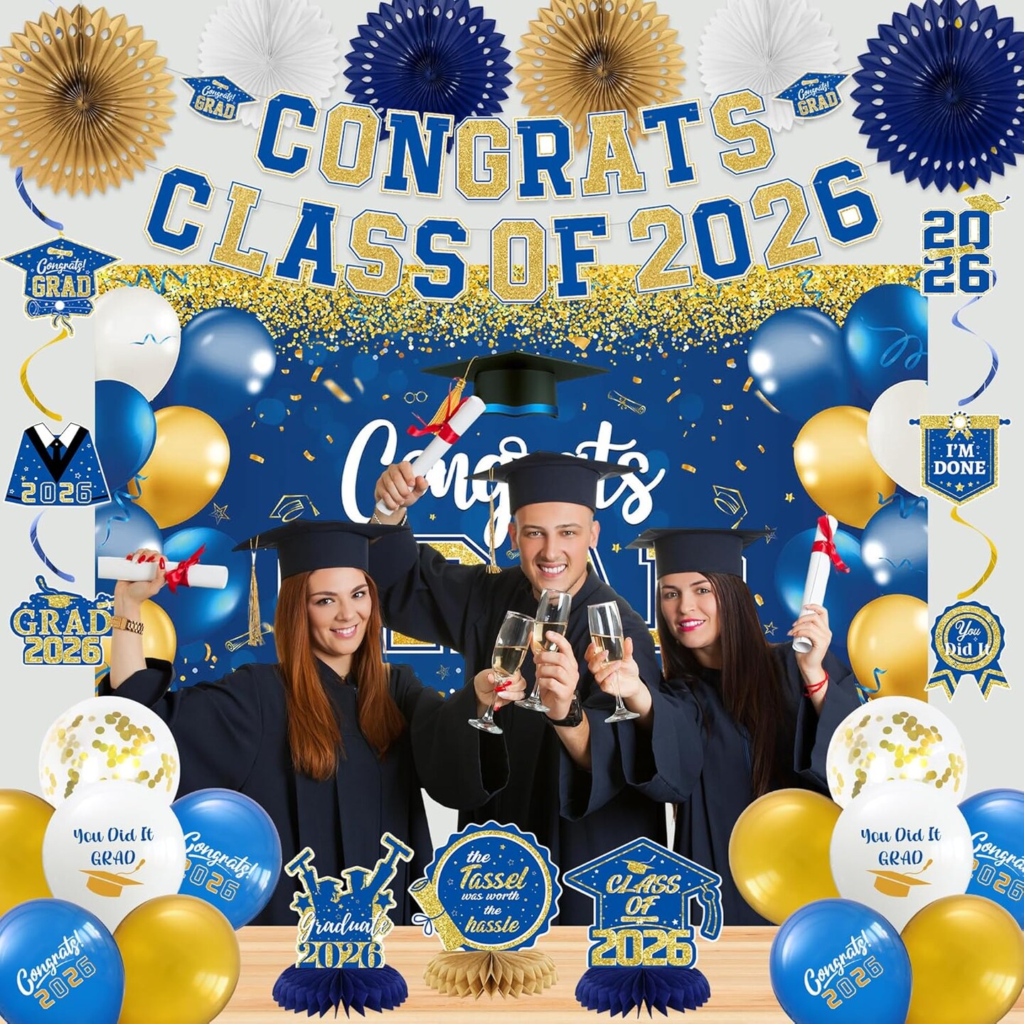 Graduation Decorations Men Women, Blue Gold Congrats Grad Banner Balloons Hanging Swirls Centerpieces, Blue Class of 2026 Party Supplies Indoor/Outdoor, Graduation Photo Backdrop Background