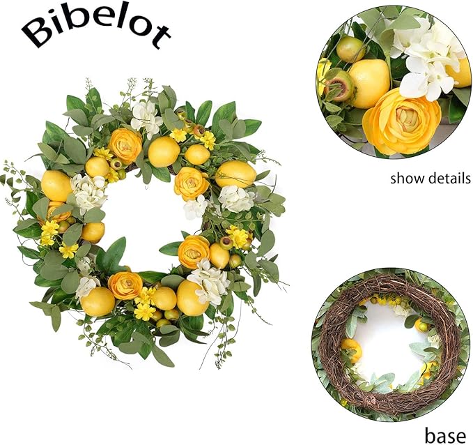 20-Inch Artificial Lemon Wreath for Front Door - Yellow Peony and White Hydrangea Summer Floral Wreath - Grapevine Green Leaves and Berries Wall Decoration for Spring and Summer Farmhouse Home