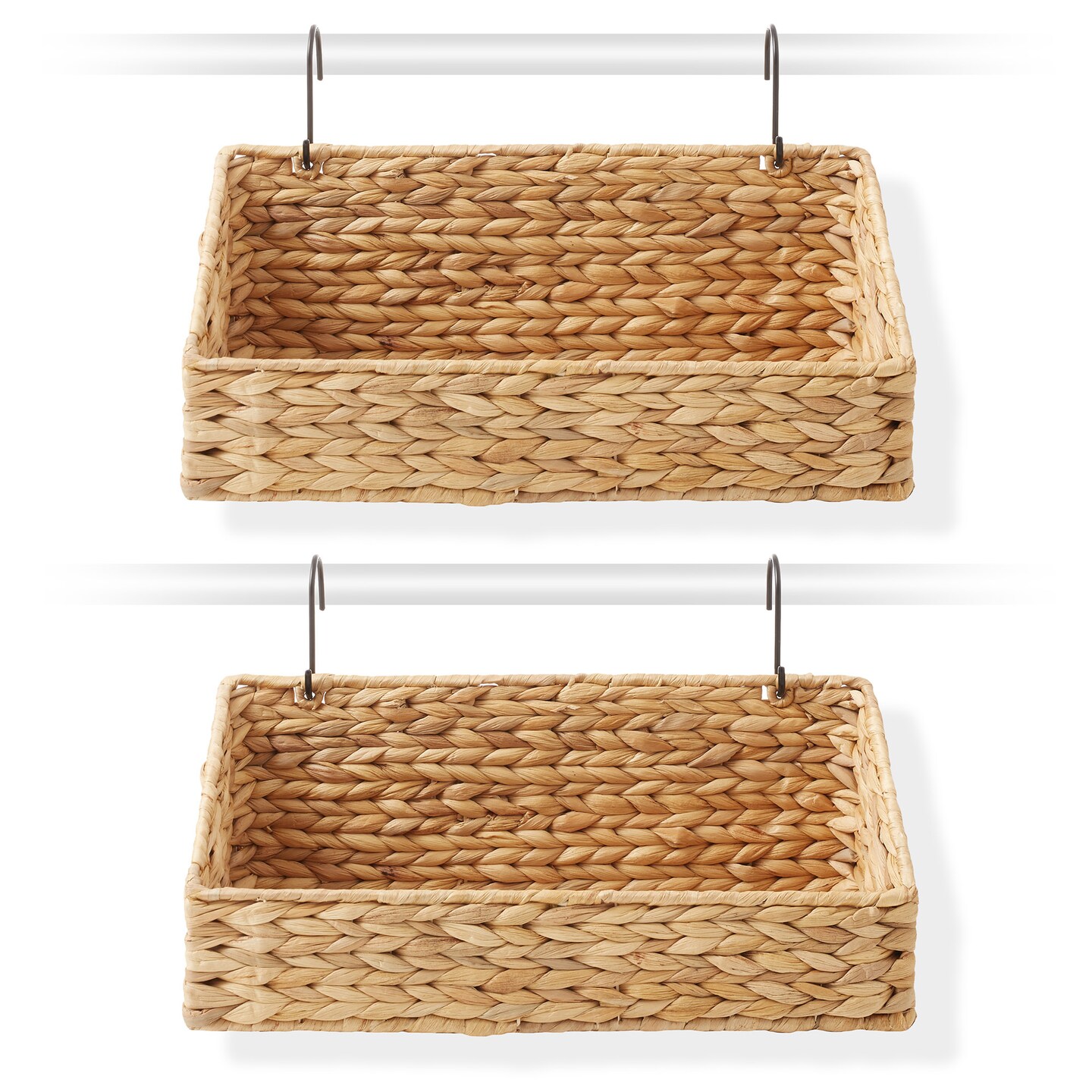 Casafield Set of 2 Hanging Baskets with Hooks, Water Hyacinth Woven Wall Mounted Storage Bins for Kitchen, Bathroom, Laundry Room, Home Office