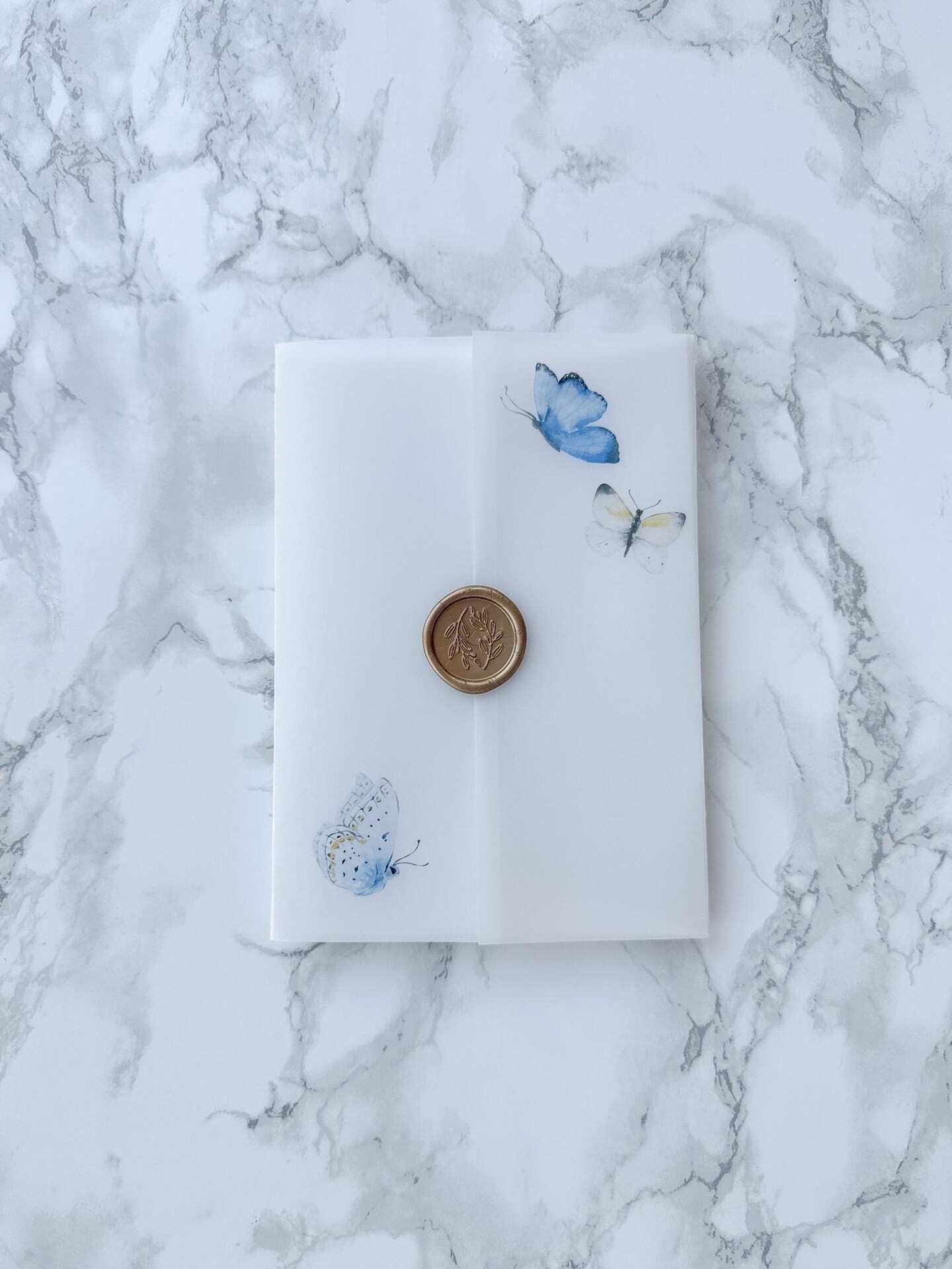 Blue and Yellow Butterfly Vellum Jacket, 5x7 Vellum Wedding Invitation, Baby Shower Vellum Wrap, Butterflies Printed Wrap for DIY Invitation