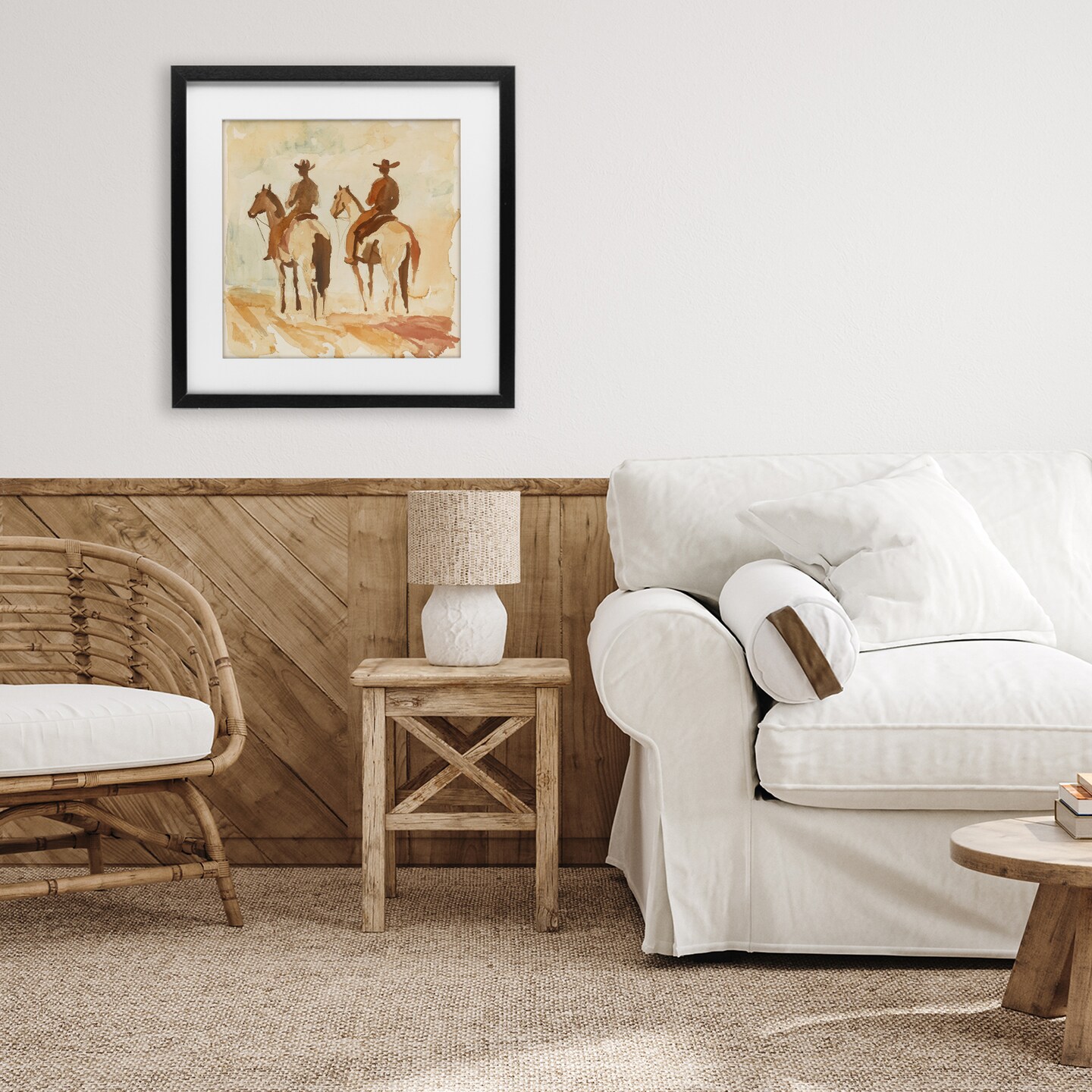 Stupell Industries Western Watercolor Cowboys Left Framed Print Under Glass, design by Petal Prints Design
