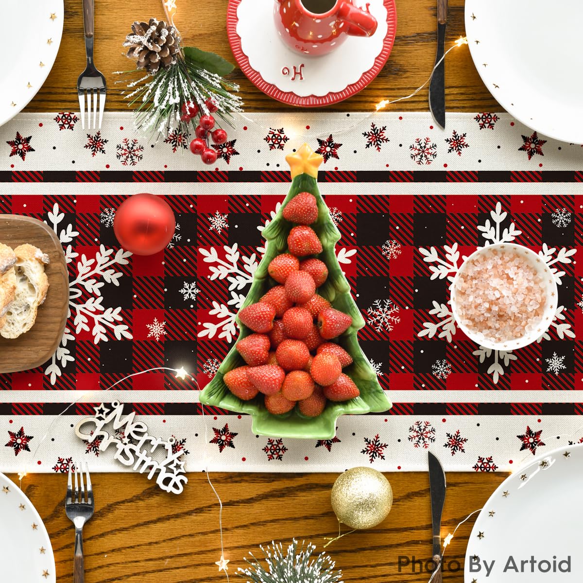 Buffalo Plaid Snowflakes Christmas Table Runner, Seasonal Winter Kitchen Dining Table Decoration for Home Party Decor 13x72 Inch